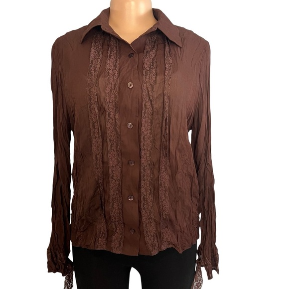 3/$30 🍂 E.C Designs Vintage Brown Lace Button Up Blouse - Picture 1 of 9